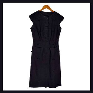 Vintage 1930s 1940s Black Linen Day Dress Button Front Embroidered Estate